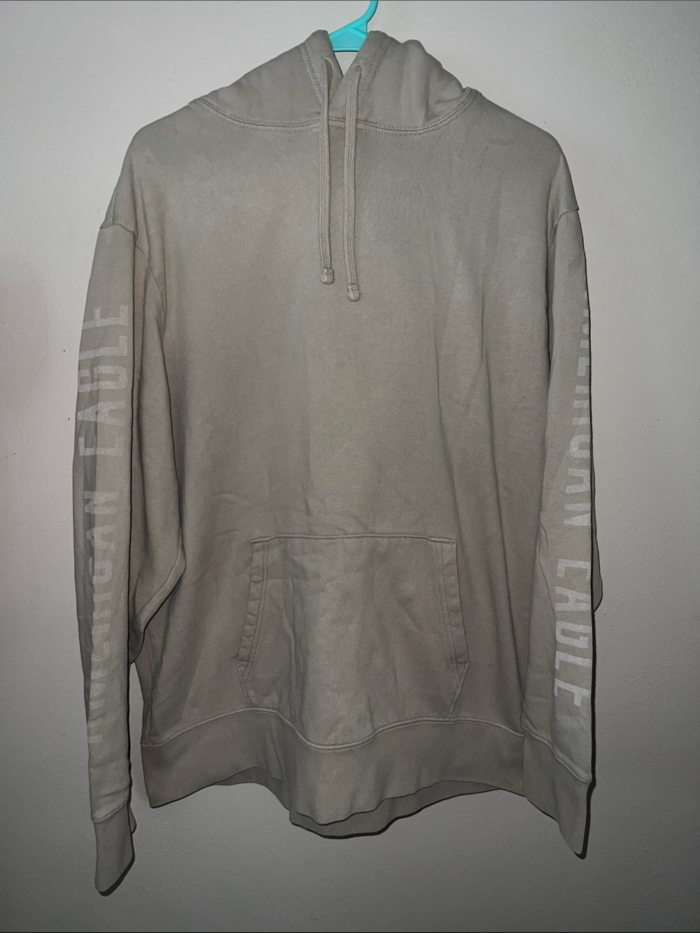 American Eagle Outfitters Light Taupe Hooded Sweatshirt with Sleeve Logo